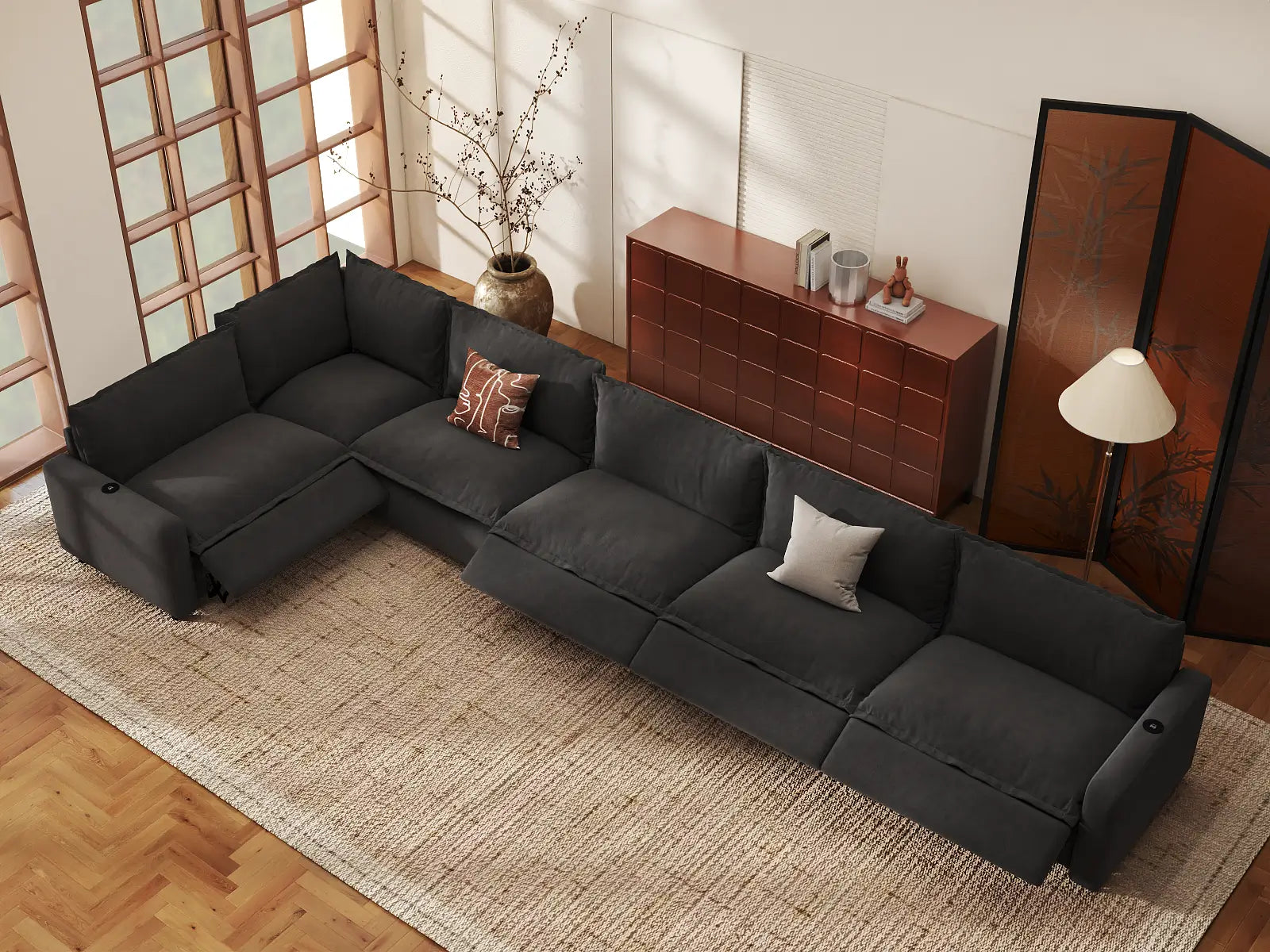 Modular Cero Reclining Sectionals | 6-Piece Grey Linen Large Space L-Shaped Sectionals 6-Seater