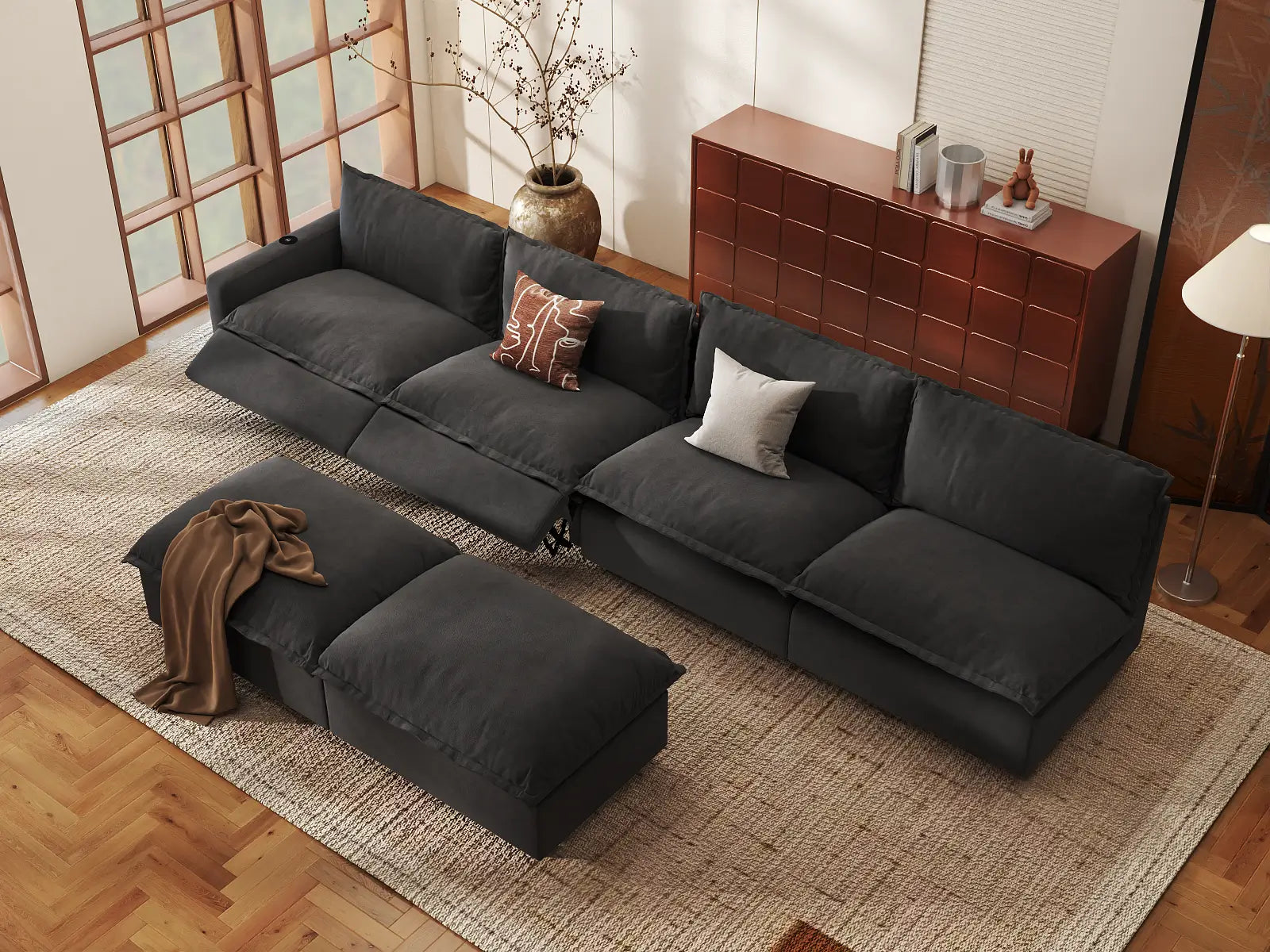 Modular Cero Sofa and Recliner Set | 6-Piece Grey Linen Large Space Sofa Sets 4-Seater with 2-Ottomans