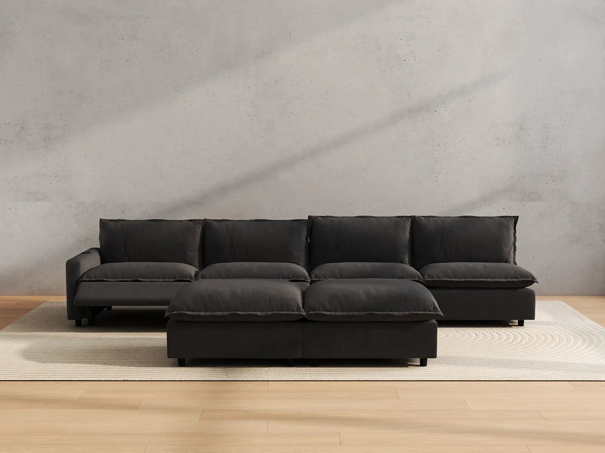 Modular Cero Reclining Sectionals | 6-Piece Grey Linen Large Space Sofa Sets 4-Seater with 2-Ottomans