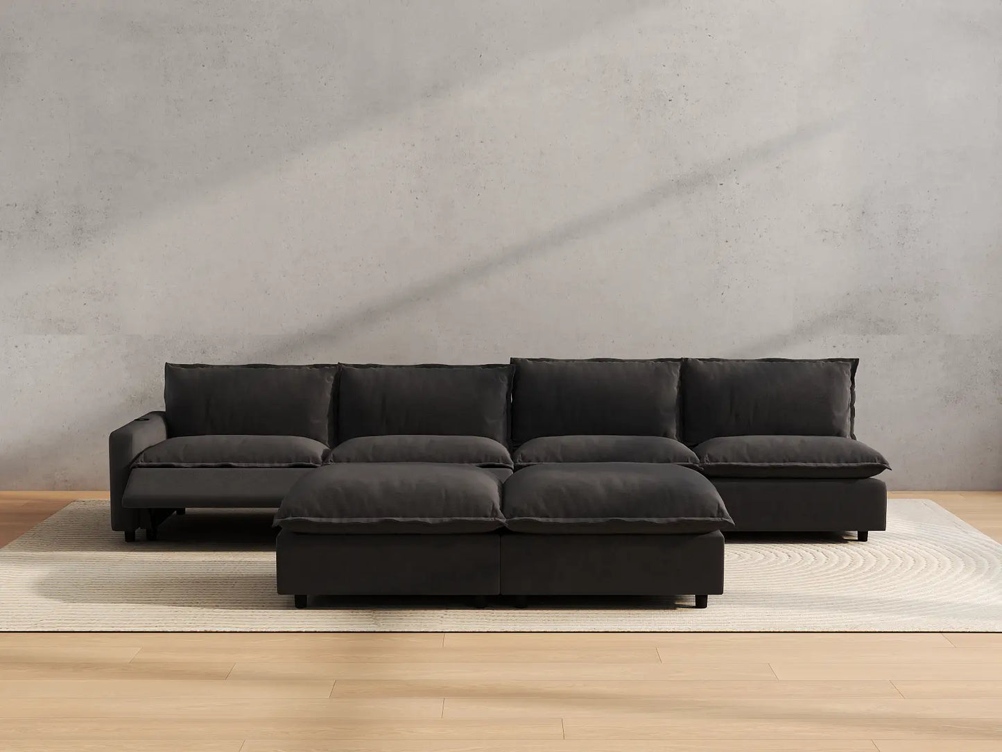 Modular Cero Reclining Sectionals | 6-Piece Grey Linen Large Space Sofa Sets 4-Seater with 2-Ottomans
