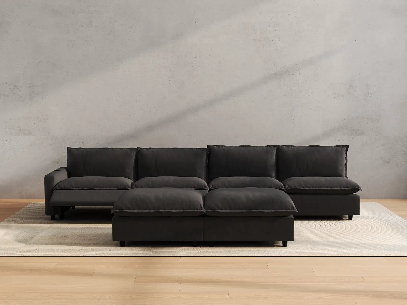 Modular Cero Sofa and Recliner Set | 6-Piece Grey Linen Large Space Sofa Sets 4-Seater with 2-Ottomans