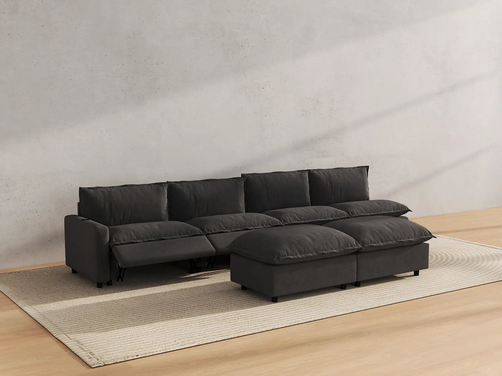Modular Cero Sofa and Recliner Set | 6-Piece Grey Linen Large Space Sofa Sets 4-Seater with 2-Ottomans