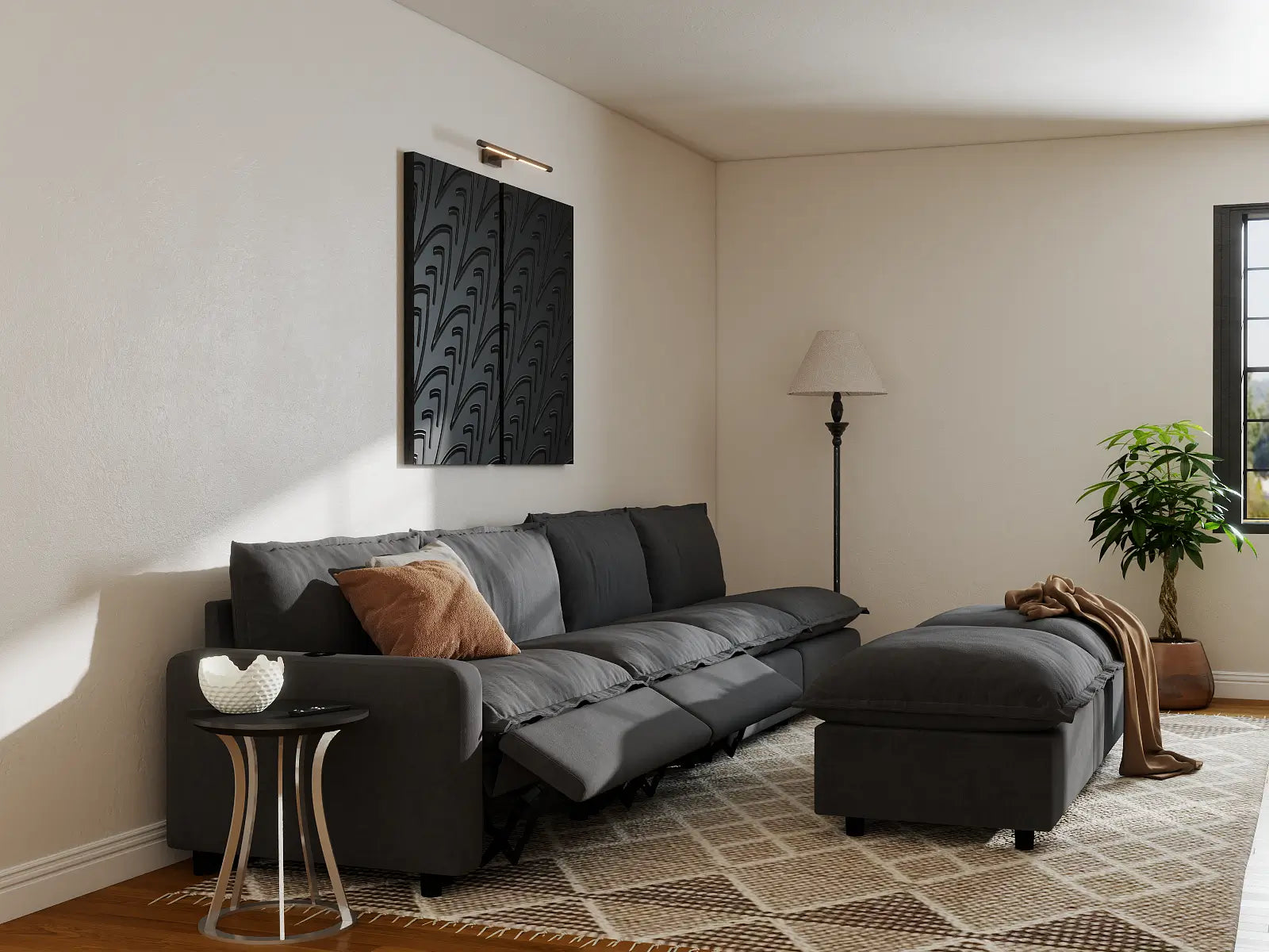 Modular Cero Sofa and Recliner Set | 6-Piece Grey Linen Large Space Sofa Sets 4-Seater with 2-Ottomans