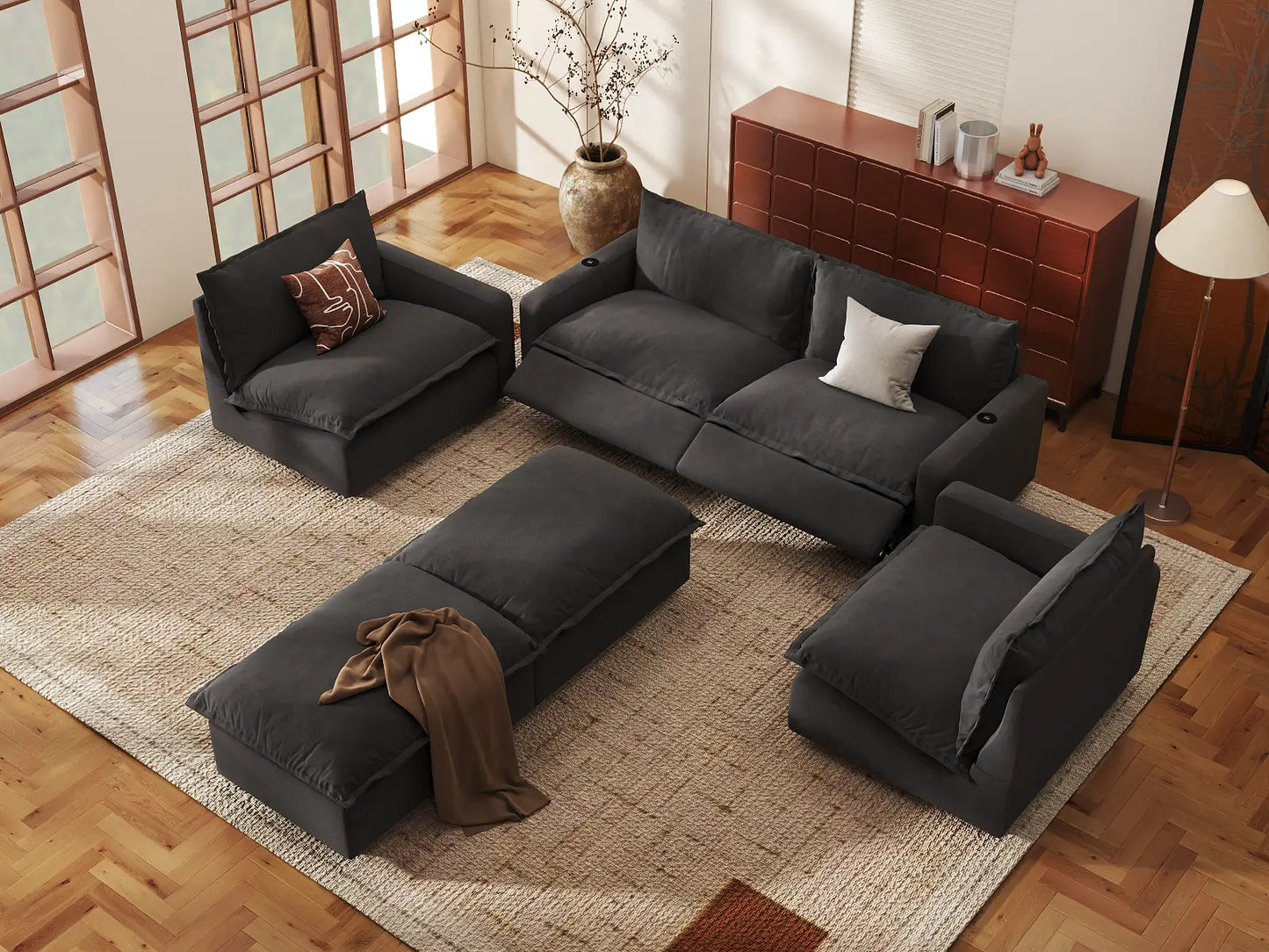 Modular Cero Reclining Sectionals | 6-Piece Grey Linen Large Space U-Shaped Sectionals 4-Seater with 2-Ottomans