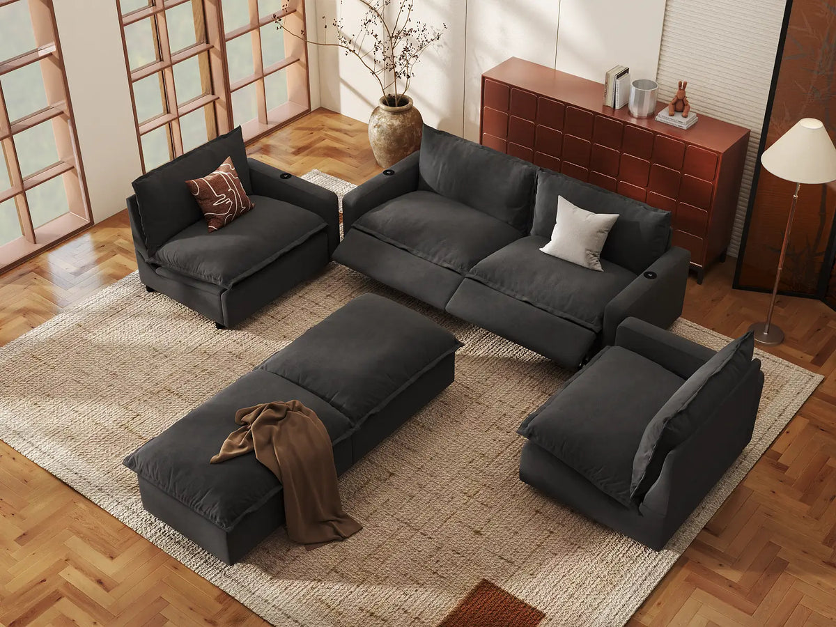 Modular Cero Reclining Sectionals | 6-Piece Grey Linen Large Space U-Shaped Sectionals 4-Seater with 2-Ottomans