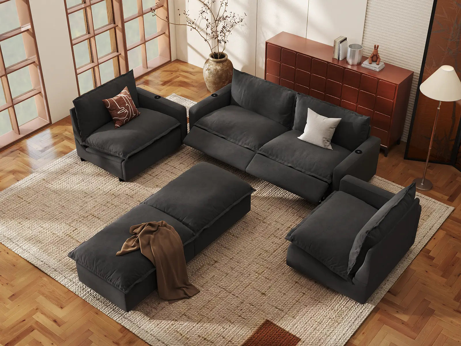 Modular Cero Reclining Sectional Sofa with Chaise | 6-Piece Grey Linen Large Space U-Shaped Sectionals 4-Seater with 2-Ottomans