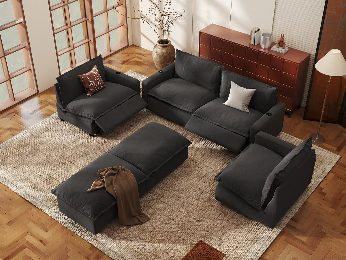 Modular Cero Reclining Sectionals | 6-Piece Grey Linen Large Space U-Shaped Sectionals 4-Seater with 2-Ottomans