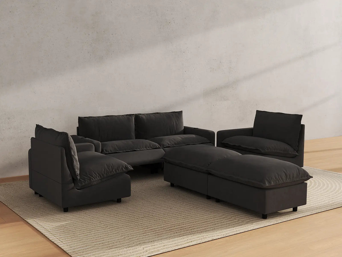Modular Cero Reclining Sectionals | 6-Piece Grey Linen Large Space U-Shaped Sectionals 4-Seater with 2-Ottomans