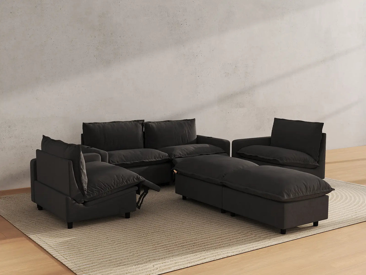 Modular Cero Reclining Sectionals | 6-Piece Grey Linen Large Space U-Shaped Sectionals 4-Seater with 2-Ottomans