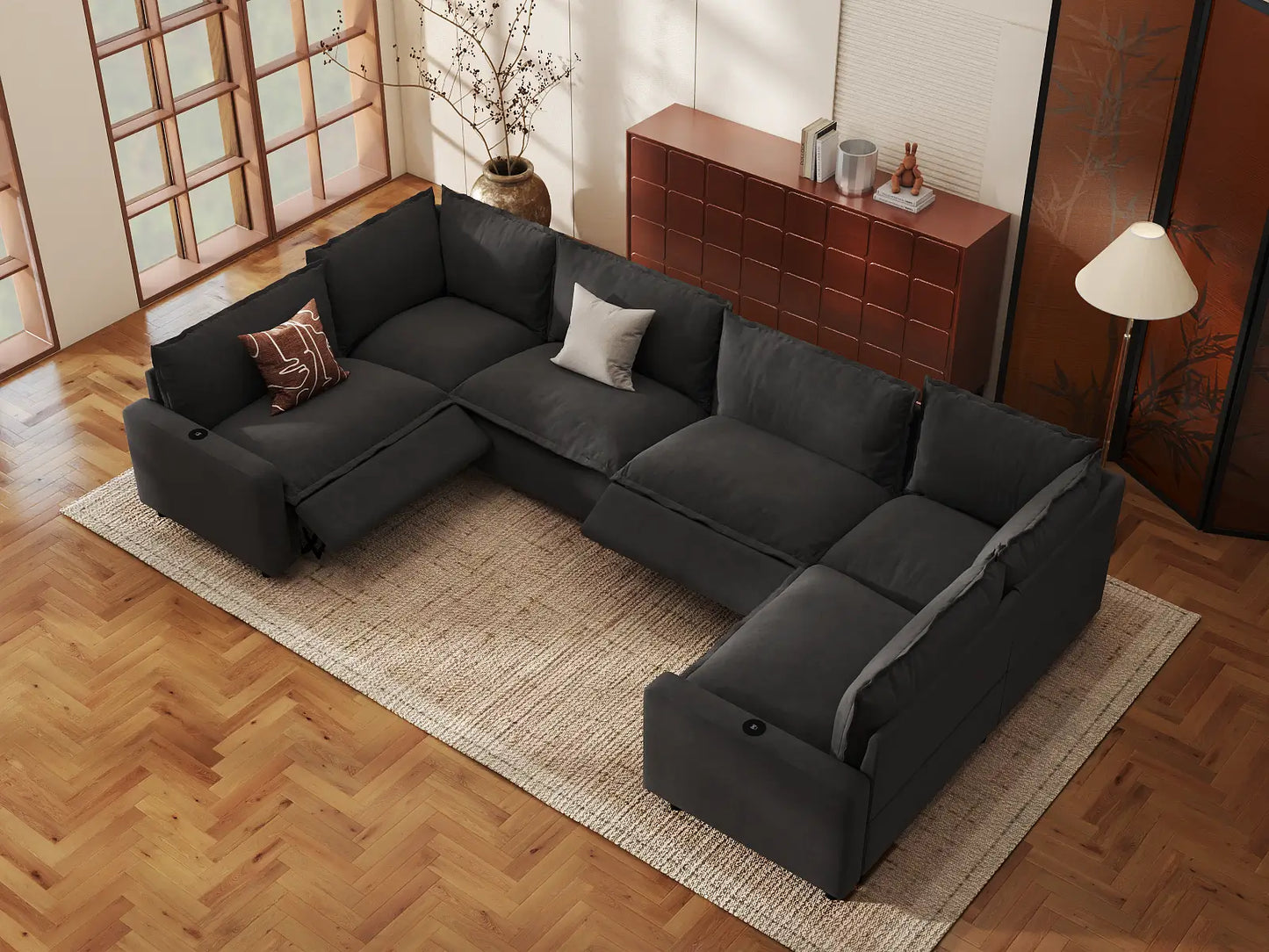 Modular Cero Reclining Sectionals | 6-Piece Grey Linen Large Space U-Shaped Sectionals 6-Seater