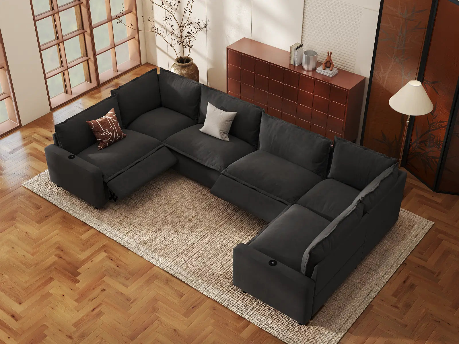Modular Cero Oversized Sectional Couch with Recliner | 6-Piece Grey Linen Large Space U-Shaped Sectionals 6-Seater