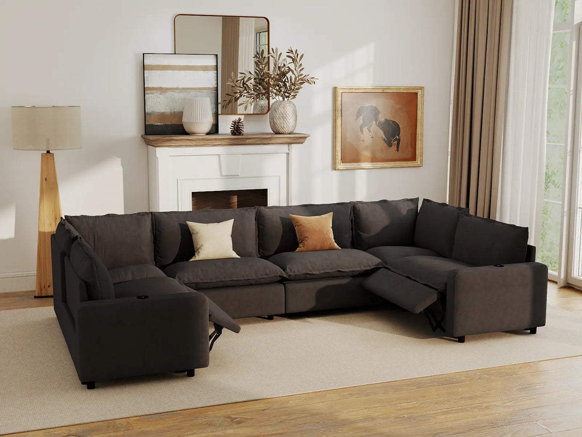 Modular Cero Reclining Sectionals | 6-Piece Grey Linen Large Space U-Shaped Sectionals 6-Seater