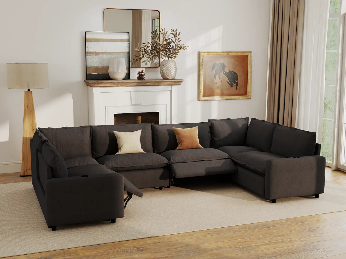 Modular Cero Reclining Sectionals | 6-Piece Grey Linen Large Space U-Shaped Sectionals 6-Seater
