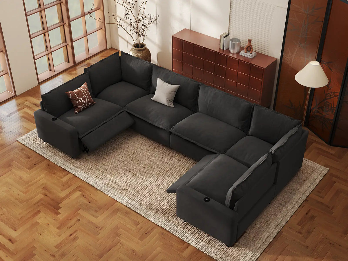 Modular Cero Reclining Sectionals | 6-Piece Grey Linen Large Space U-Shaped Sectionals 6-Seater