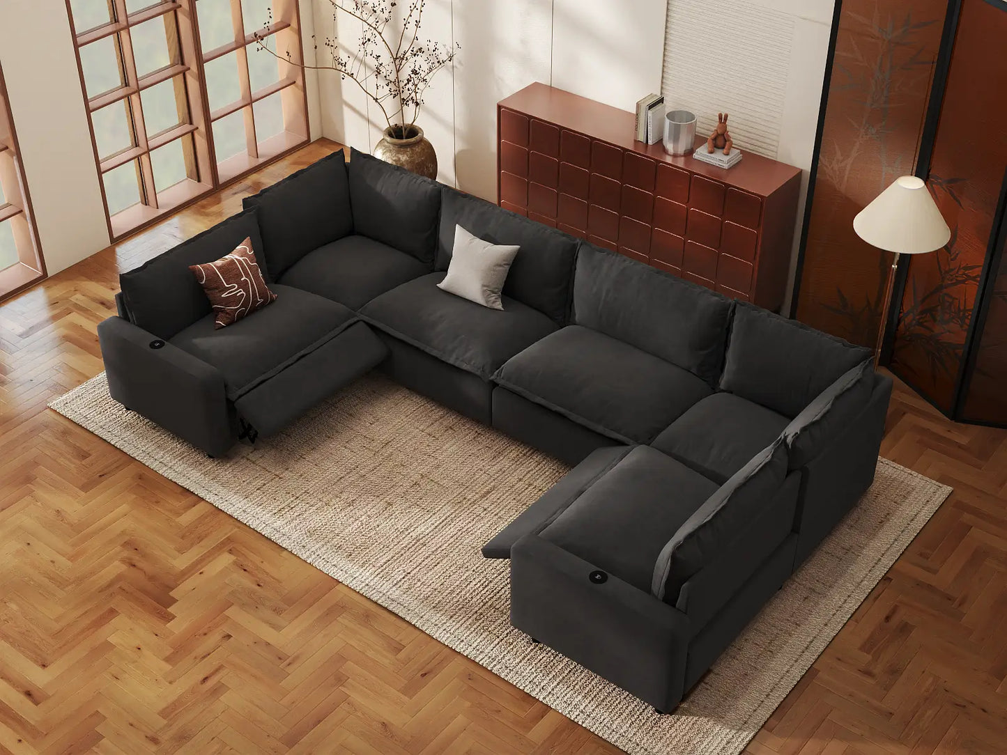 Modular Cero Reclining Sectionals | 6-Piece Grey Linen Large Space U-Shaped Sectionals 6-Seater