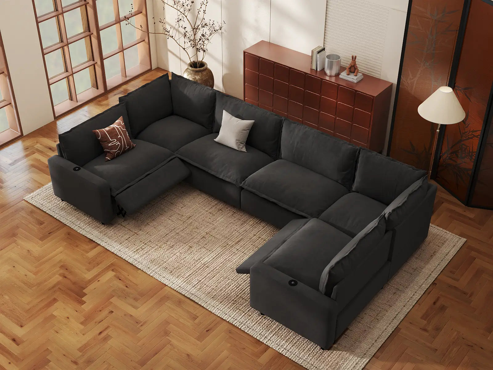 Modular Cero Oversized Sectional Couch with Recliner | 6-Piece Grey Linen Large Space U-Shaped Sectionals 6-Seater