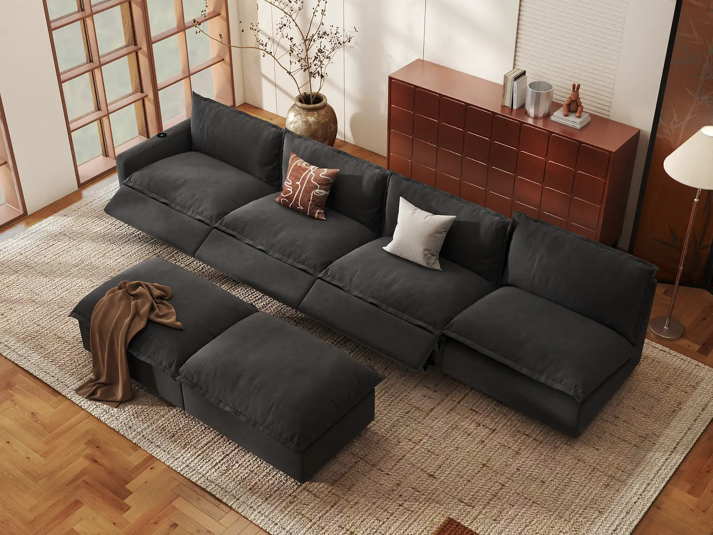 Modular Cero Reclining Sectionals | 6-Piece Grey Linen Open Plan Sofa Sets 4-Seater with 2-Ottomans