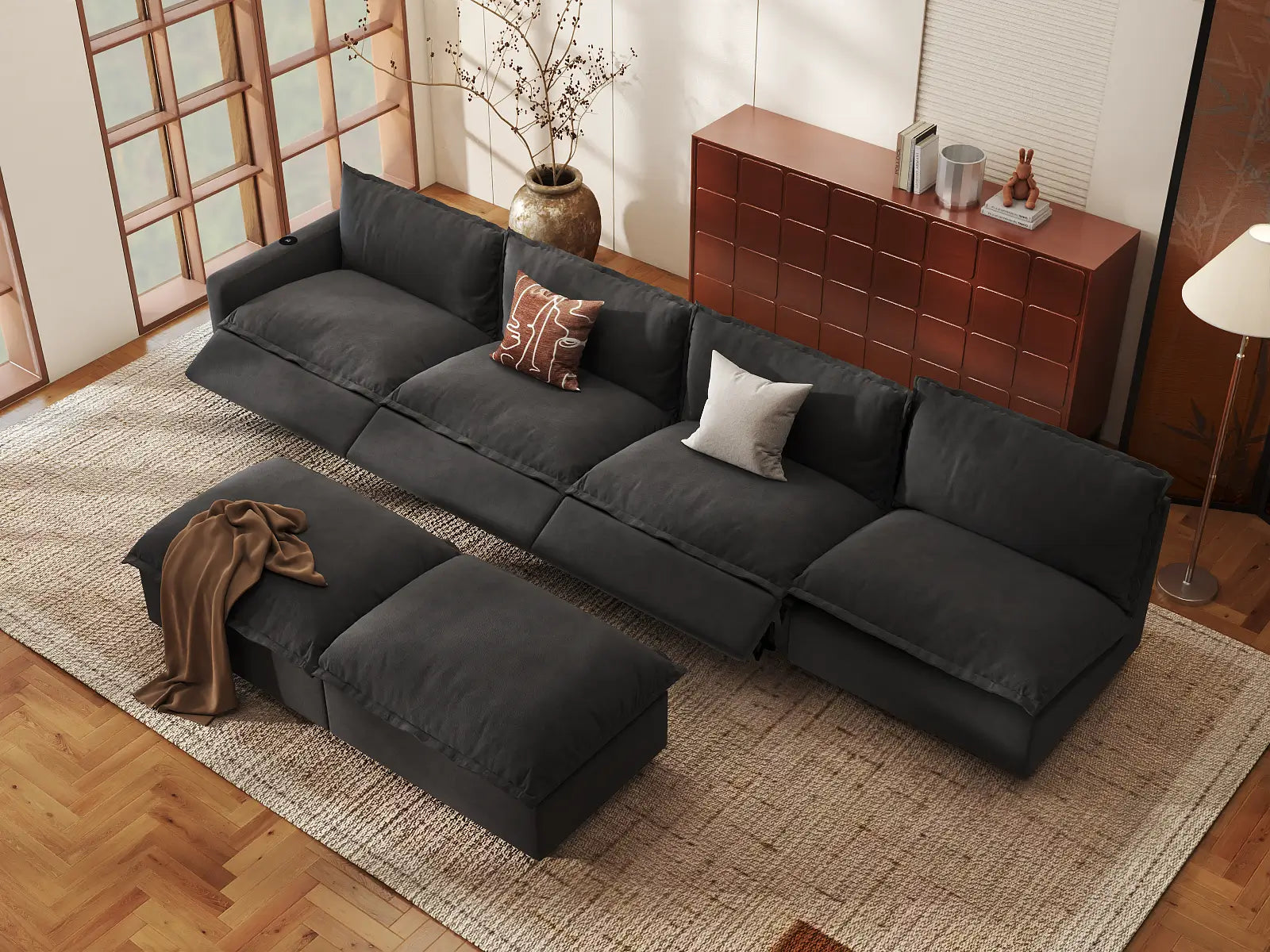 Modular Cero Power Recliner Sofa Set | 6-Piece Grey Linen Open Plan Sofa Sets 4-Seater with 2-Ottomans