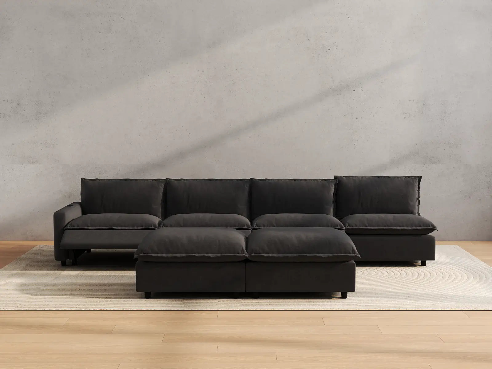 Modular Cero Power Recliner Sofa Set | 6-Piece Grey Linen Open Plan Sofa Sets 4-Seater with 2-Ottomans