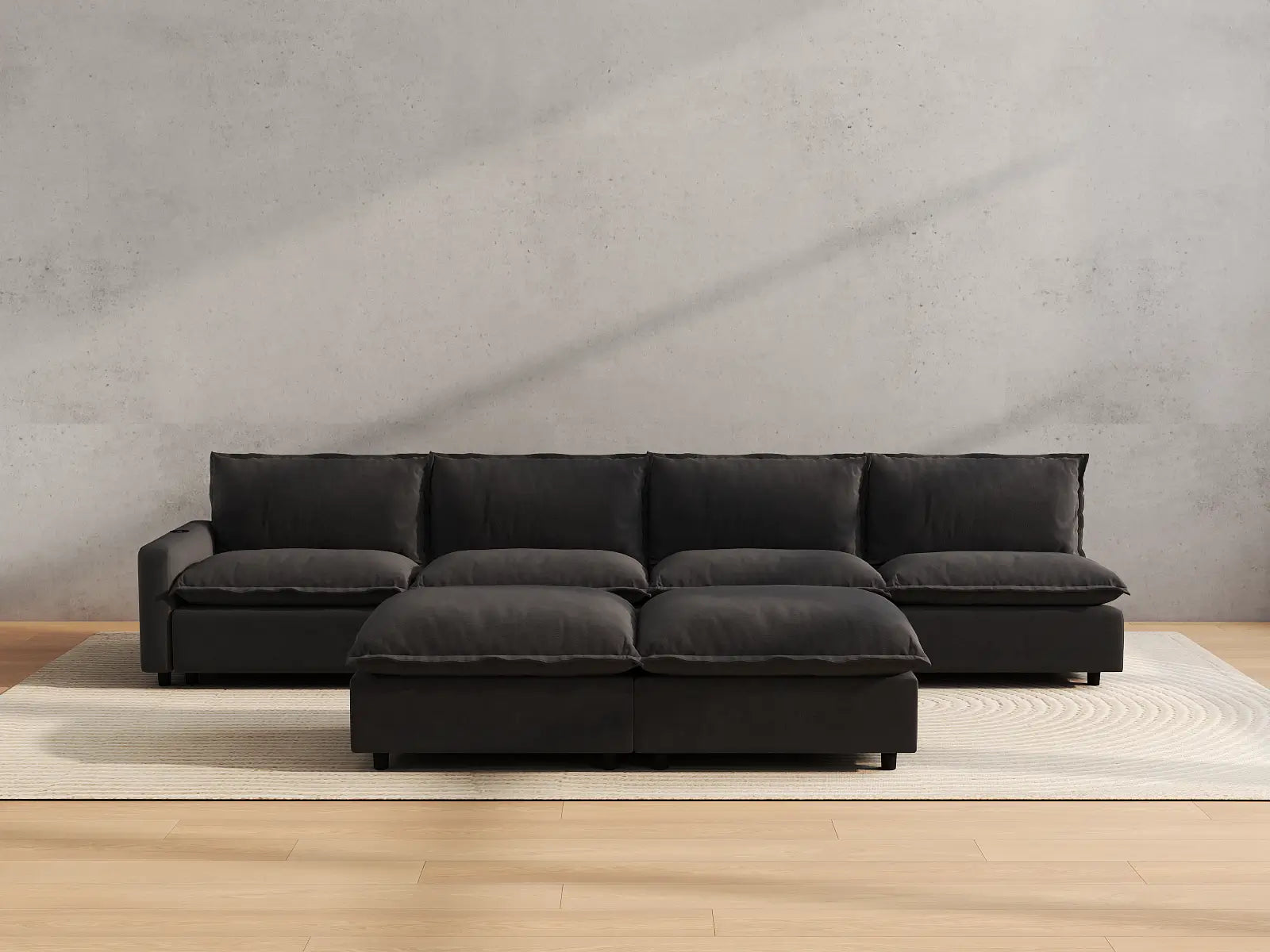 Modular Cero Power Recliner Sofa Set | 6-Piece Grey Linen Open Plan Sofa Sets 4-Seater with 2-Ottomans