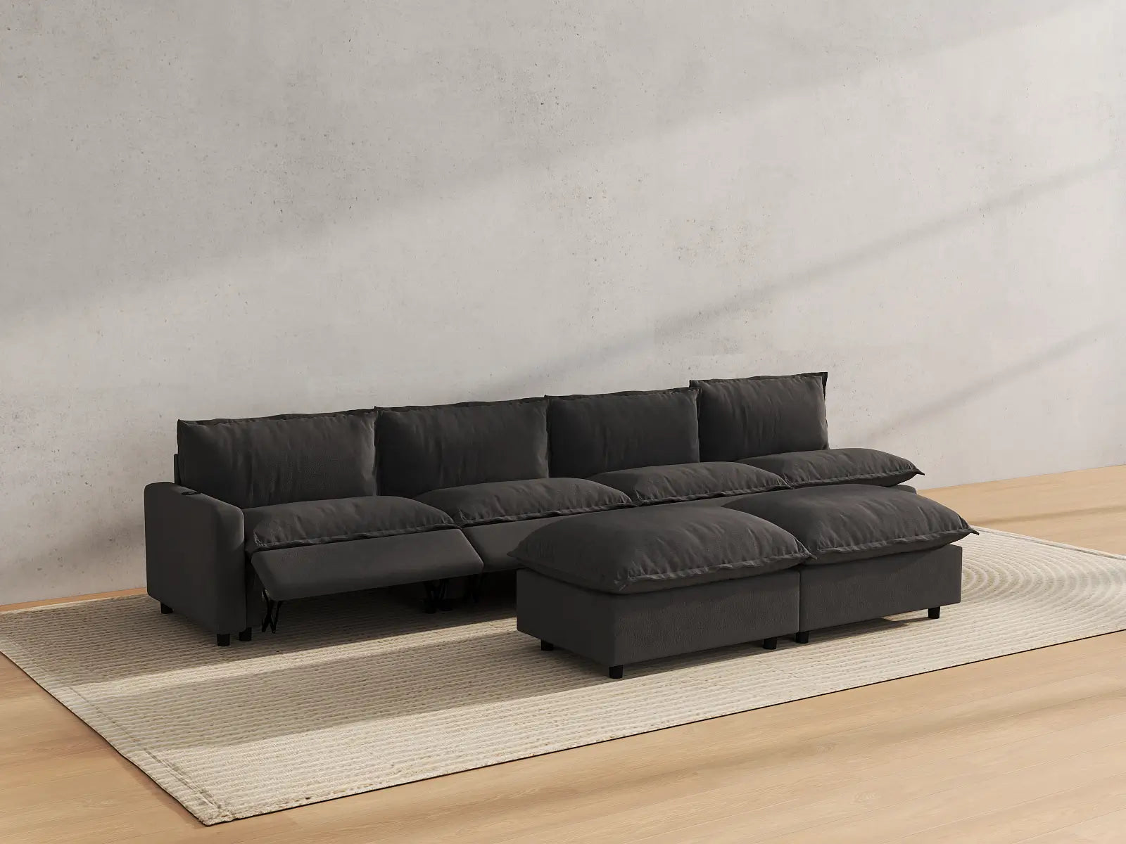 Modular Cero Power Recliner Sofa Set | 6-Piece Grey Linen Open Plan Sofa Sets 4-Seater with 2-Ottomans