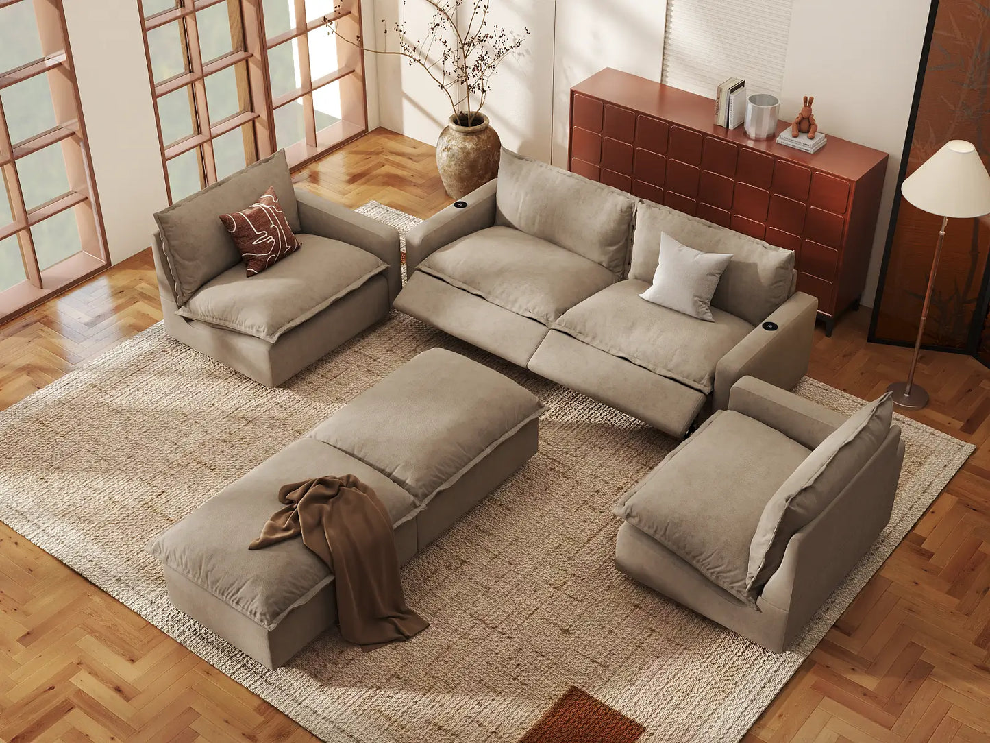 Modular Cero Reclining Sectionals | 6-Piece Khaki Linen Grand Estate U-Shaped Sectionals 4-Seater with 2-Ottomans