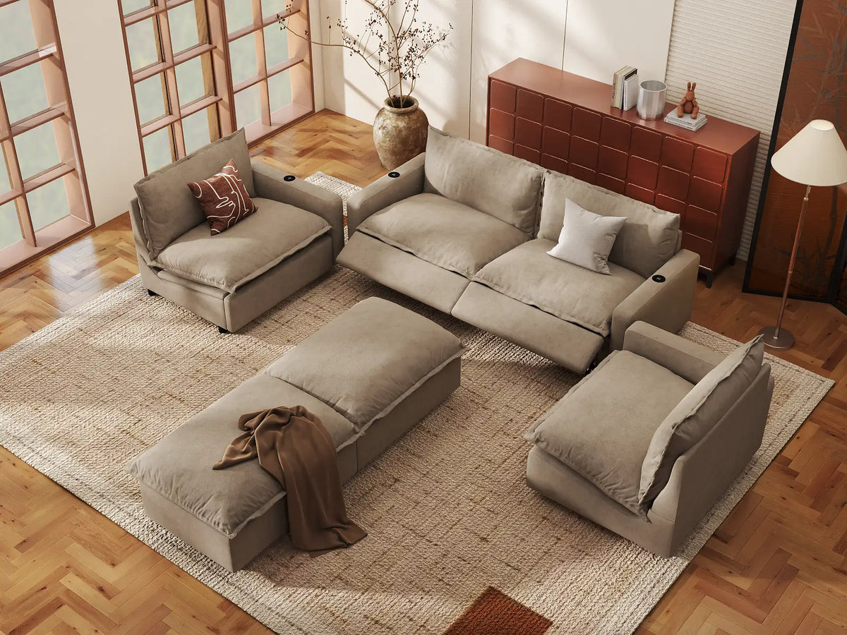 Modular Cero Reclining Sectionals | 6-Piece Khaki Linen Grand Estate U-Shaped Sectionals 4-Seater with 2-Ottomans