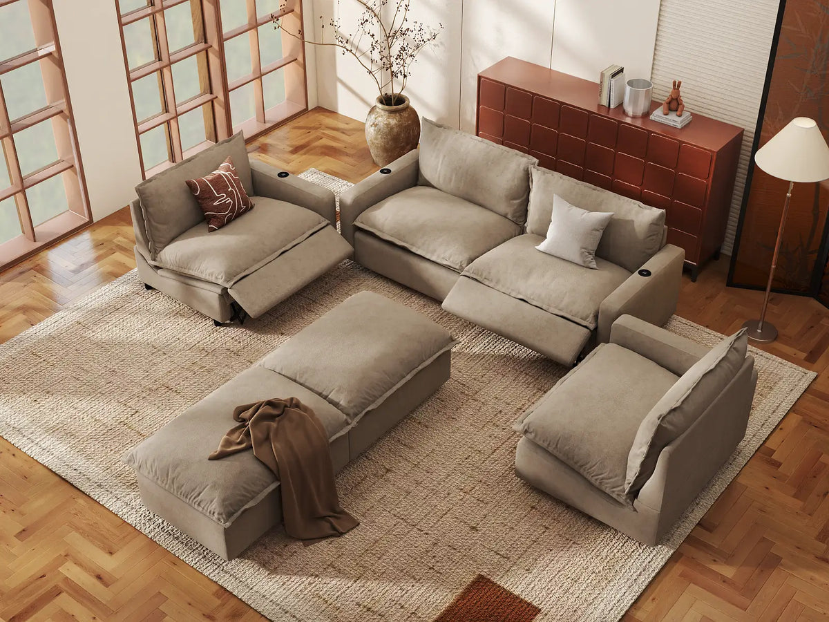 Modular Cero Reclining Sectionals | 6-Piece Khaki Linen Grand Estate U-Shaped Sectionals 4-Seater with 2-Ottomans