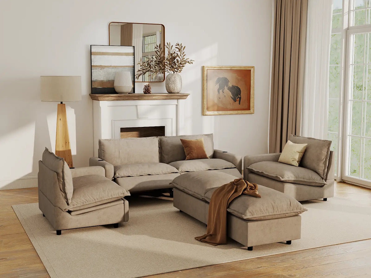Modular Cero Reclining Sectionals | 6-Piece Khaki Linen Grand Estate U-Shaped Sectionals 4-Seater with 2-Ottomans