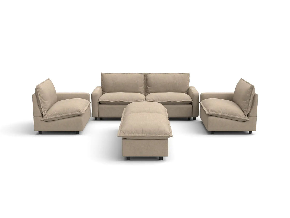 Modular Cero Reclining Sectionals | 6-Piece Khaki Linen Grand Estate U-Shaped Sectionals 4-Seater with 2-Ottomans