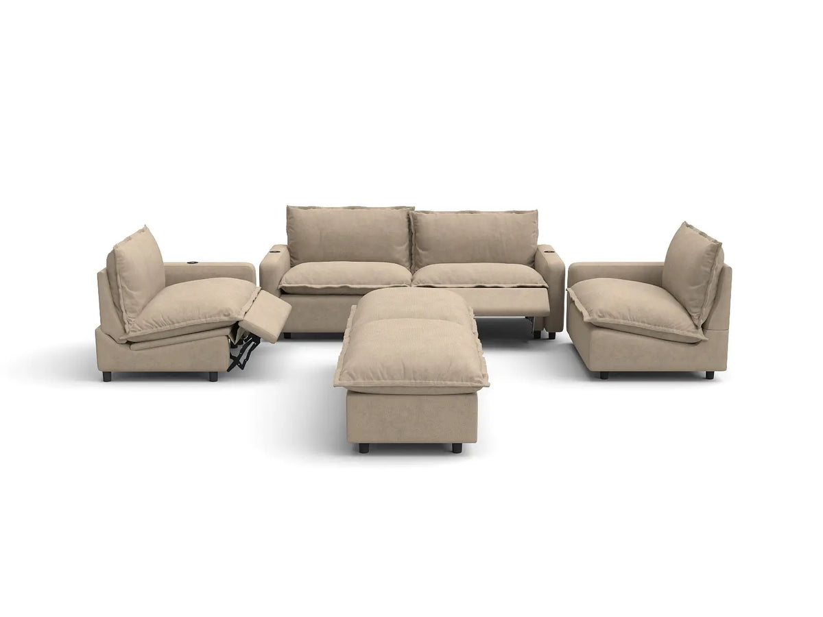 Modular Cero Reclining Sectionals | 6-Piece Khaki Linen Grand Estate U-Shaped Sectionals 4-Seater with 2-Ottomans