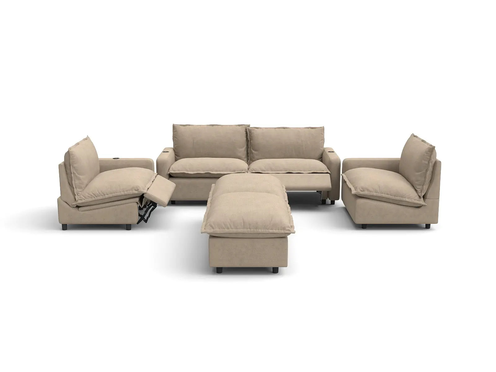 Modular Cero Sectional with Chaise and Recliner | 6-Piece Khaki Linen Grand Estate U-Shaped Sectionals 4-Seater with 2-Ottomans