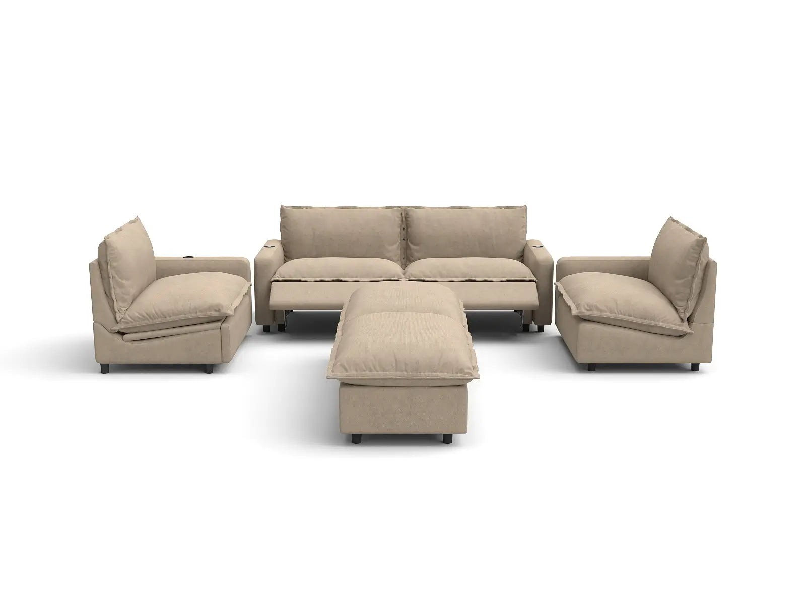 Modular Cero Sectional with Chaise and Recliner | 6-Piece Khaki Linen Grand Estate U-Shaped Sectionals 4-Seater with 2-Ottomans