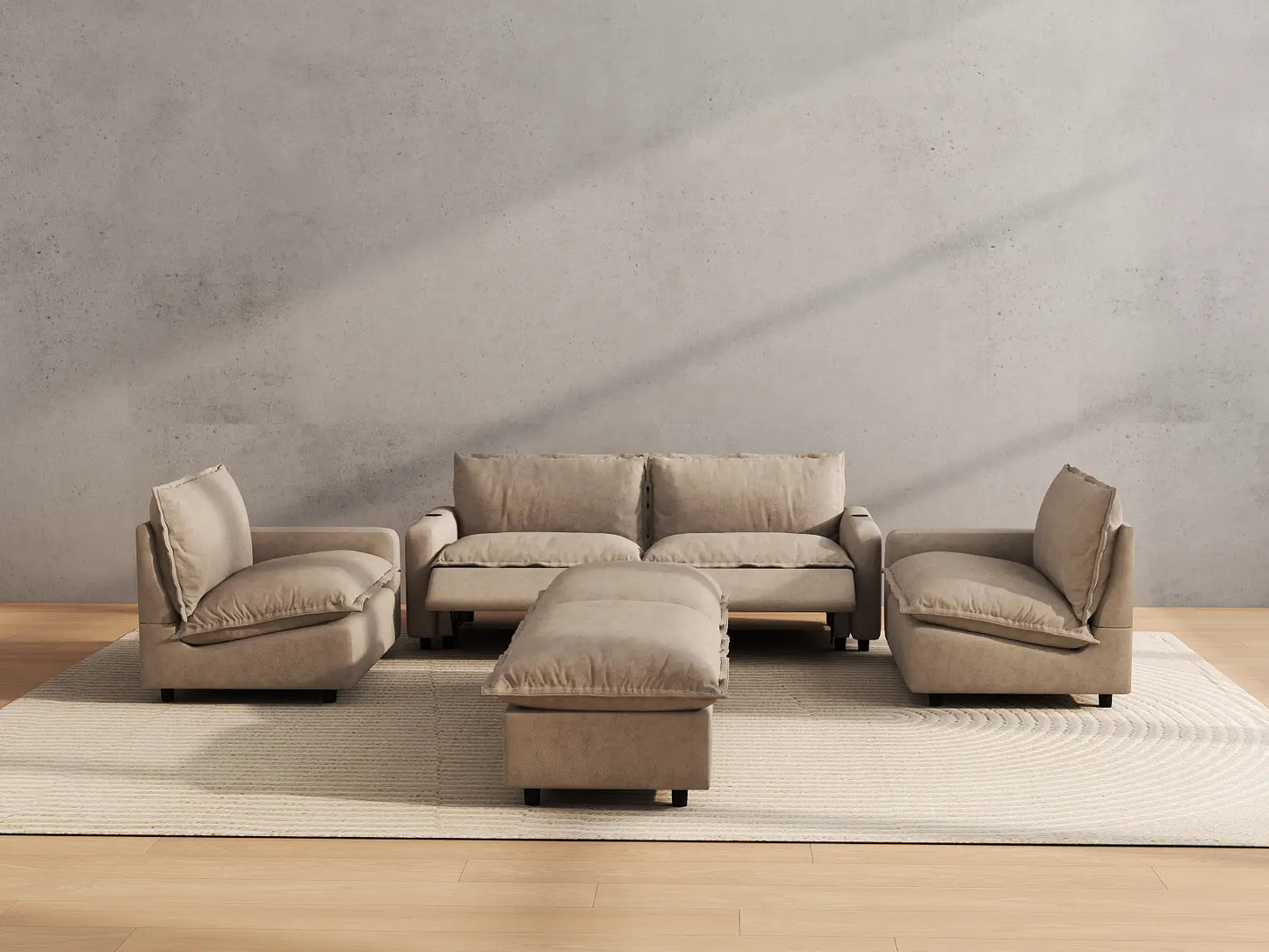 Modular Cero Reclining Sectionals | 6-Piece Khaki Linen Grand Estate U-Shaped Sectionals 4-Seater with 2-Ottomans