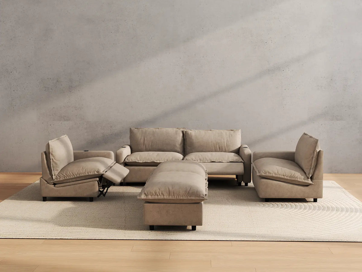 Modular Cero Reclining Sectionals | 6-Piece Khaki Linen Grand Estate U-Shaped Sectionals 4-Seater with 2-Ottomans