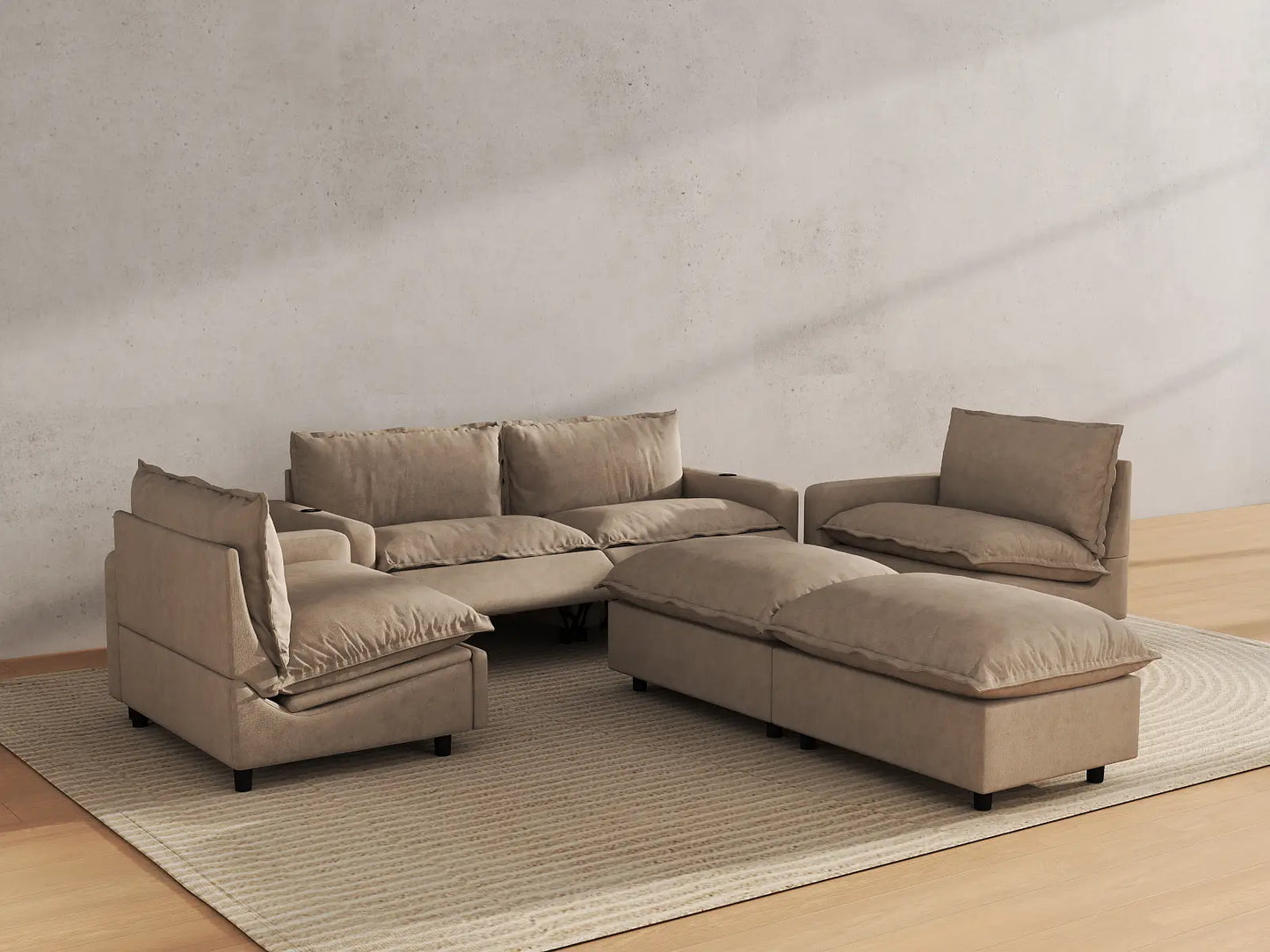 Modular Cero Reclining Sectionals | 6-Piece Khaki Linen Grand Estate U-Shaped Sectionals 4-Seater with 2-Ottomans