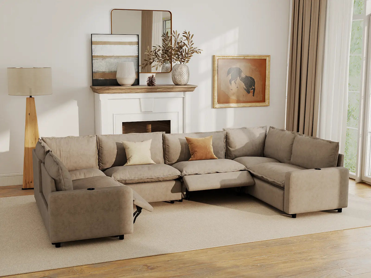 Modular Cero Reclining Sectionals | 6-Piece Khaki Linen Grand Estate U-Shaped Sectionals 6-Seater