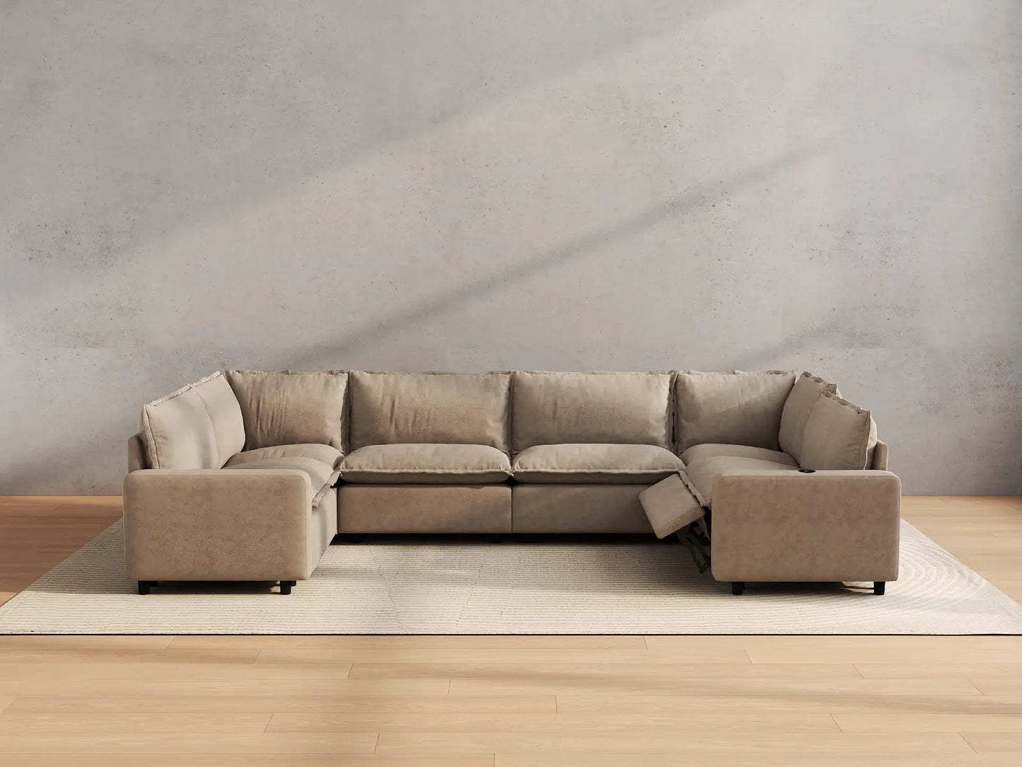 Modular Cero Modern Reclining Sectional | 6-Piece Khaki Linen Grand Estate U-Shaped Sectionals 6-Seater