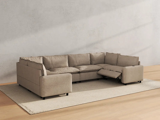 Modular Cero Reclining Sectionals | 6-Piece Khaki Linen Grand Estate U-Shaped Sectionals 6-Seater