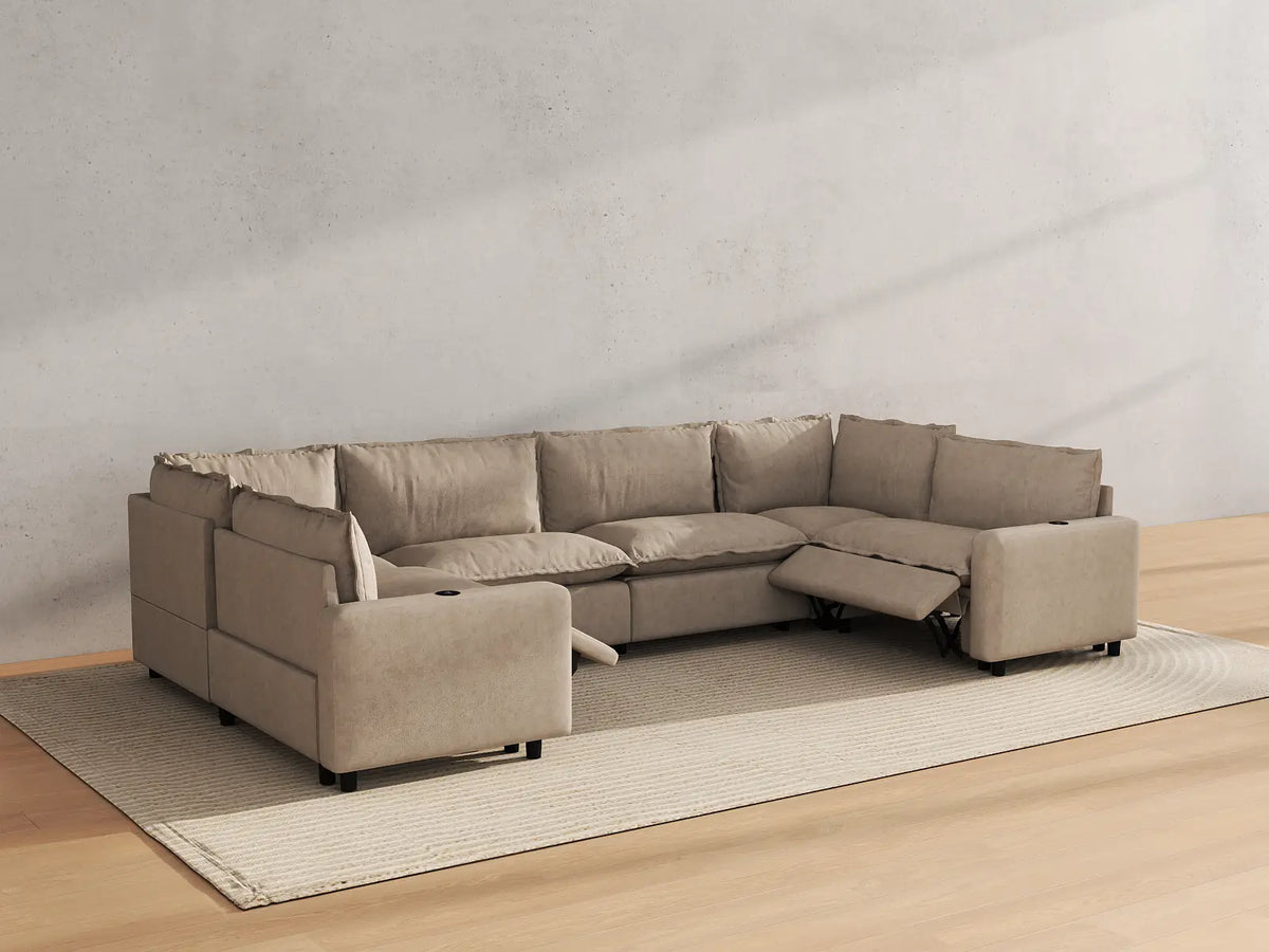 Modular Cero Reclining Sectionals | 6-Piece Khaki Linen Grand Estate U-Shaped Sectionals 6-Seater