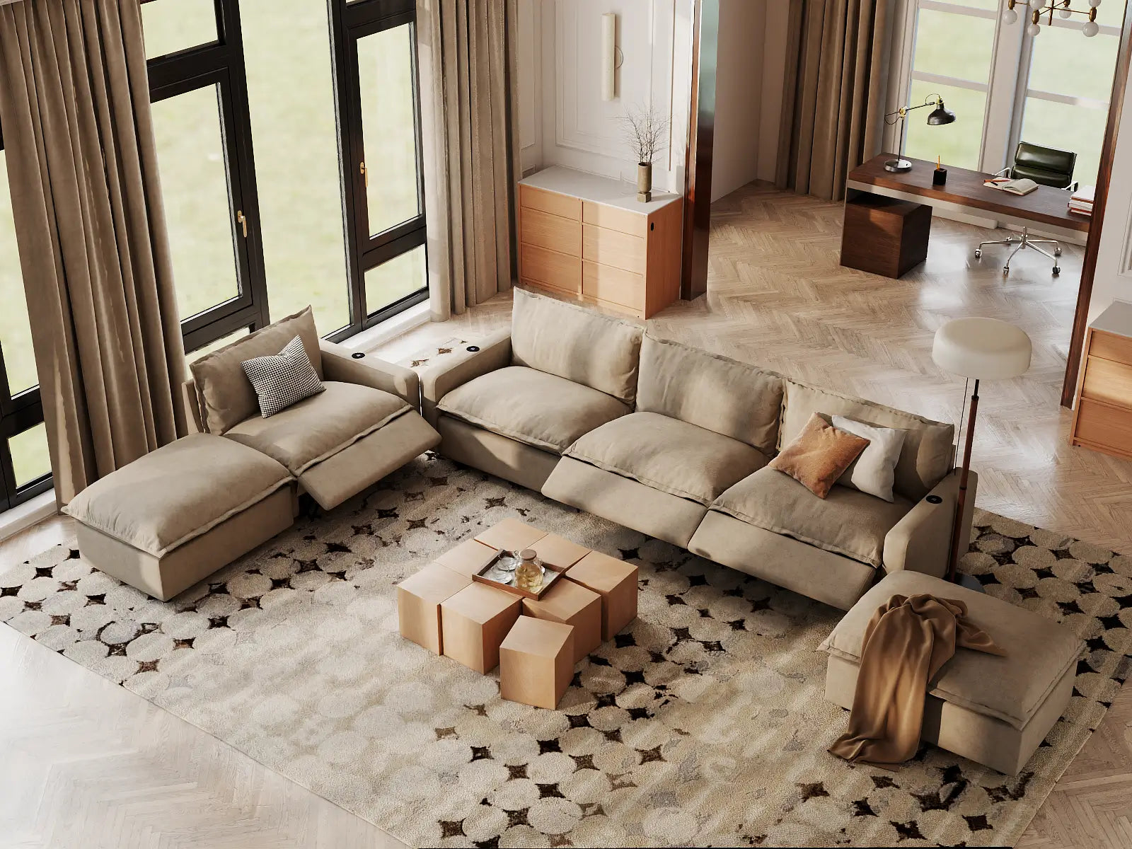 Modular Cero Sectional with Recliner and Chaise | 6-Piece Khaki Linen Home Living Corner Sectionals 4-Seater with 2-Ottomans