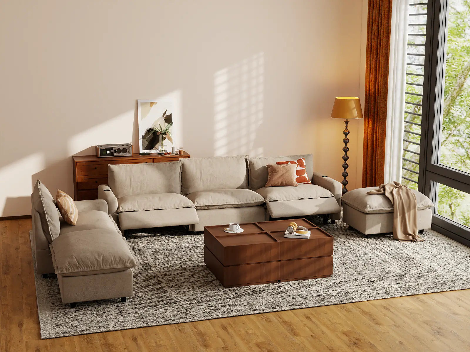 Modular Cero Corner Sectional with Recliner | 6-Piece Khaki Linen Home Living Corner Sectionals 4-Seater with 2-Ottomans