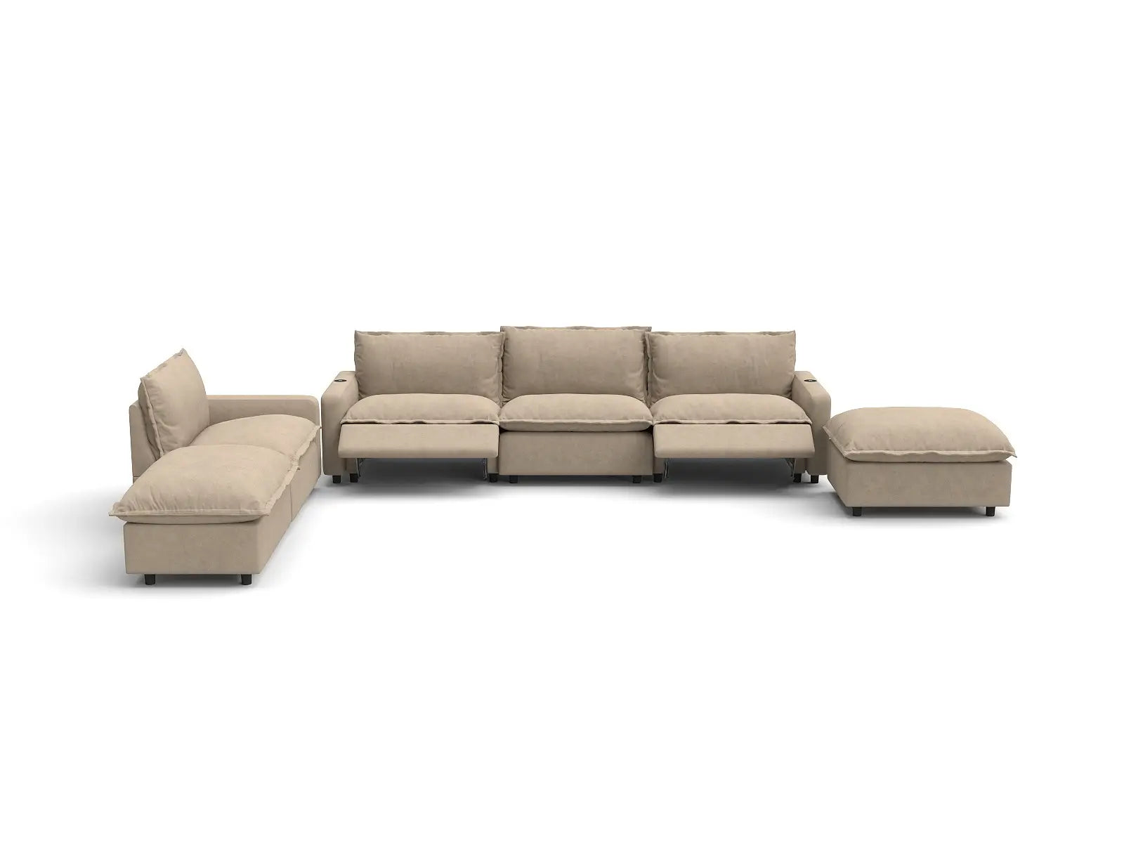 Modular Cero Corner Sectional with Recliner | 6-Piece Khaki Linen Home Living Corner Sectionals 4-Seater with 2-Ottomans