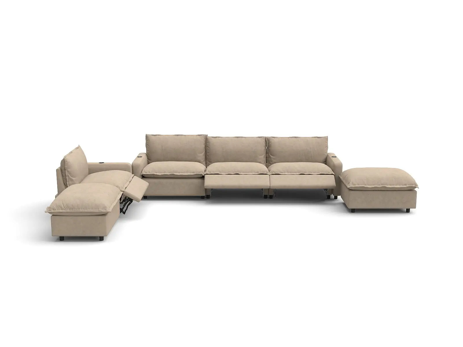 Modular Cero Sectional with Recliner and Chaise | 6-Piece Khaki Linen Home Living Corner Sectionals 4-Seater with 2-Ottomans