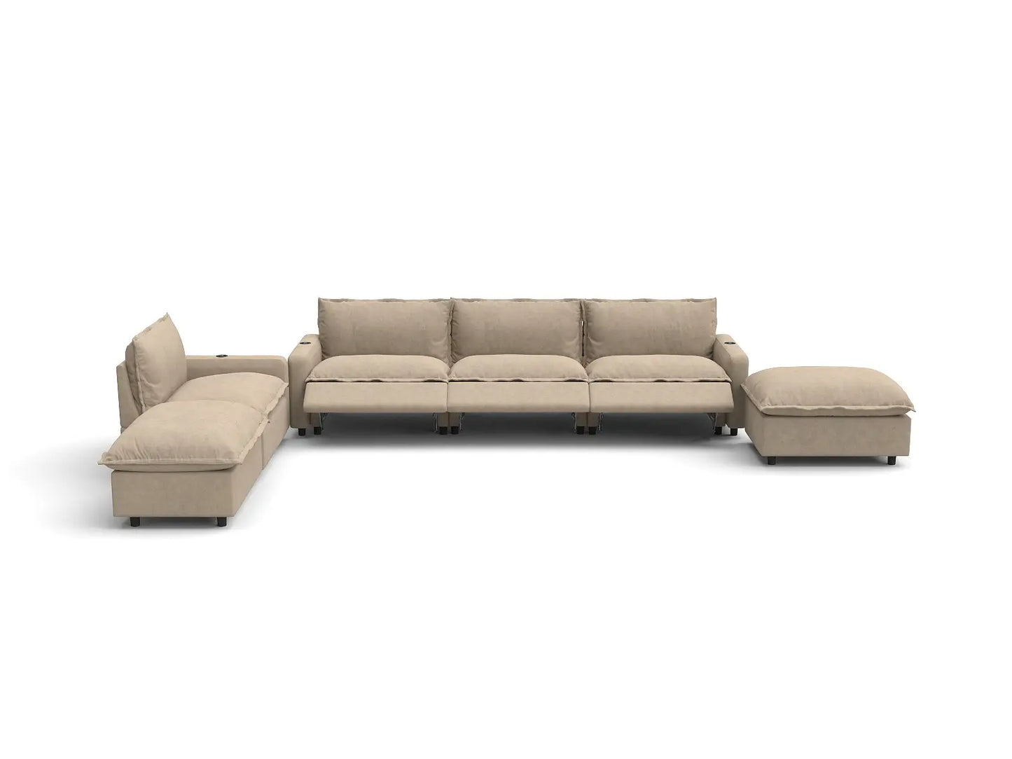 Modular Cero Reclining Sectionals | 6-Piece Khaki Linen Home Living Corner Sectionals 4-Seater with 2-Ottomans