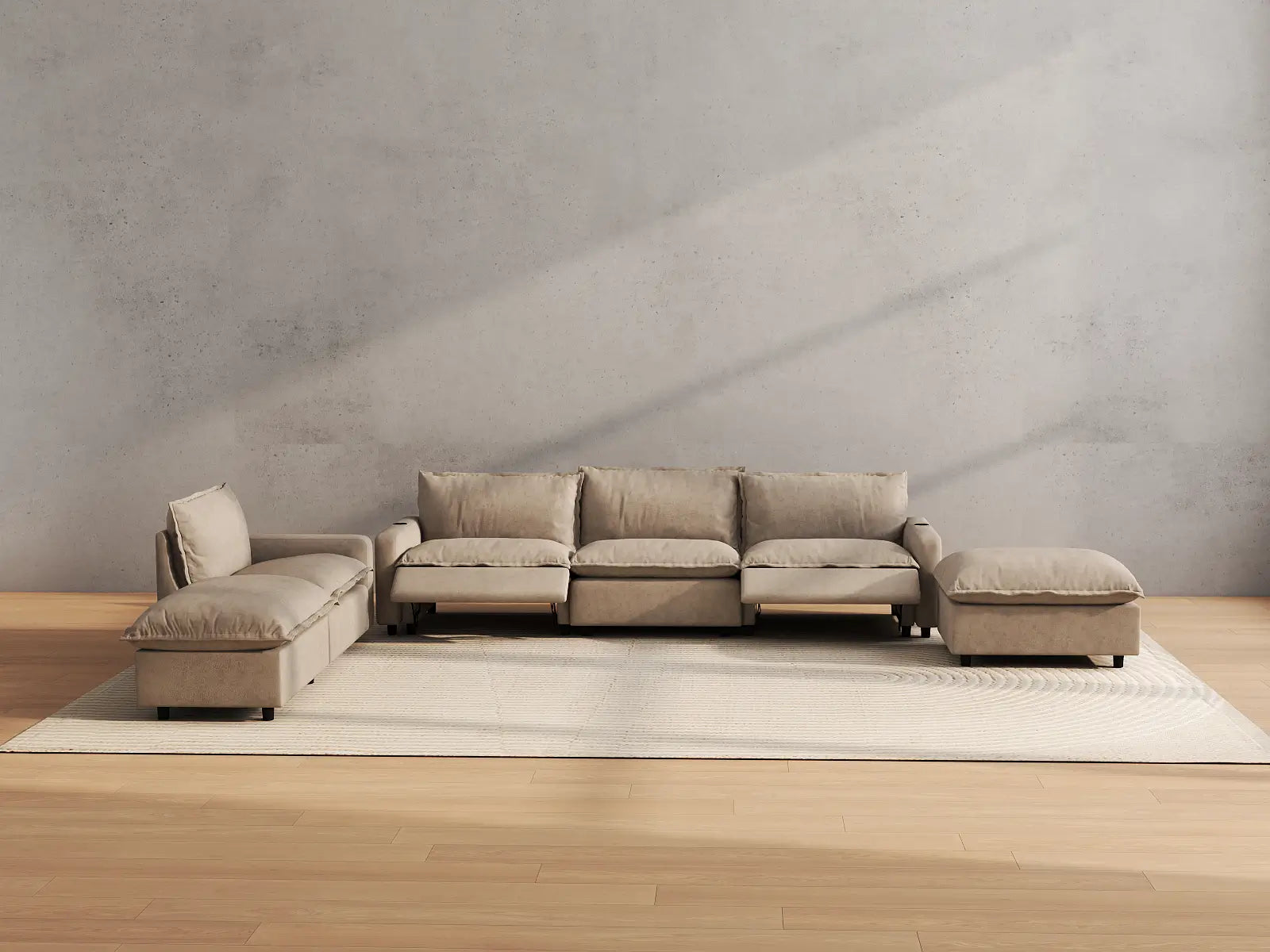 Modular Cero Corner Sectional with Recliner | 6-Piece Khaki Linen Home Living Corner Sectionals 4-Seater with 2-Ottomans