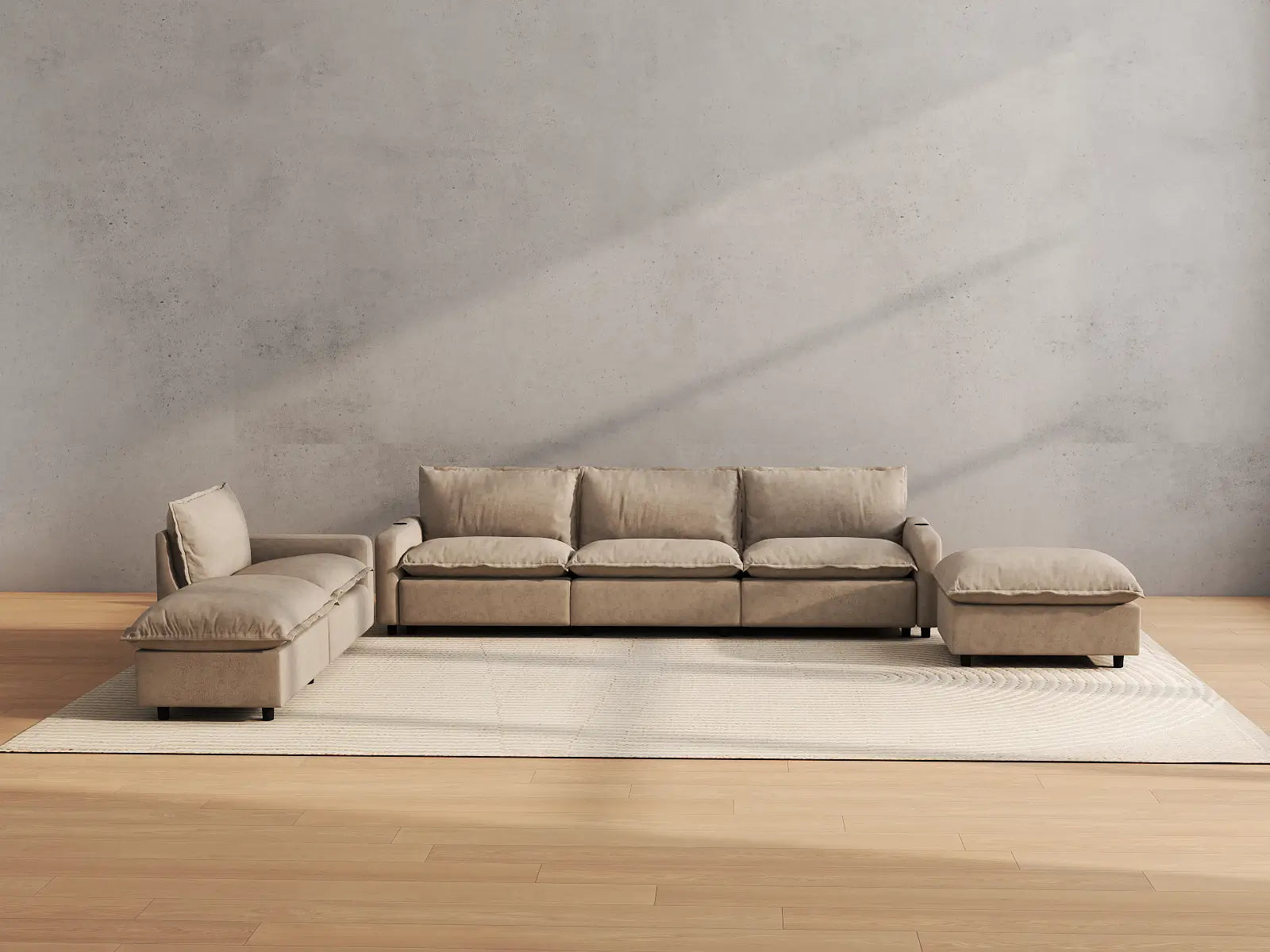 Modular Cero Corner Sectional with Recliner | 6-Piece Khaki Linen Home Living Corner Sectionals 4-Seater with 2-Ottomans