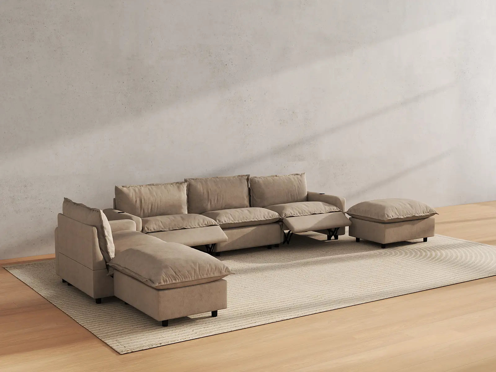 Modular Cero Corner Sectional with Recliner | 6-Piece Khaki Linen Home Living Corner Sectionals 4-Seater with 2-Ottomans