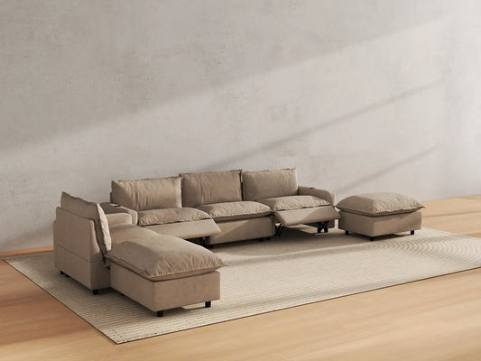 Modular Cero Reclining Sectionals | 6-Piece Khaki Linen Home Living Corner Sectionals 4-Seater with 2-Ottomans