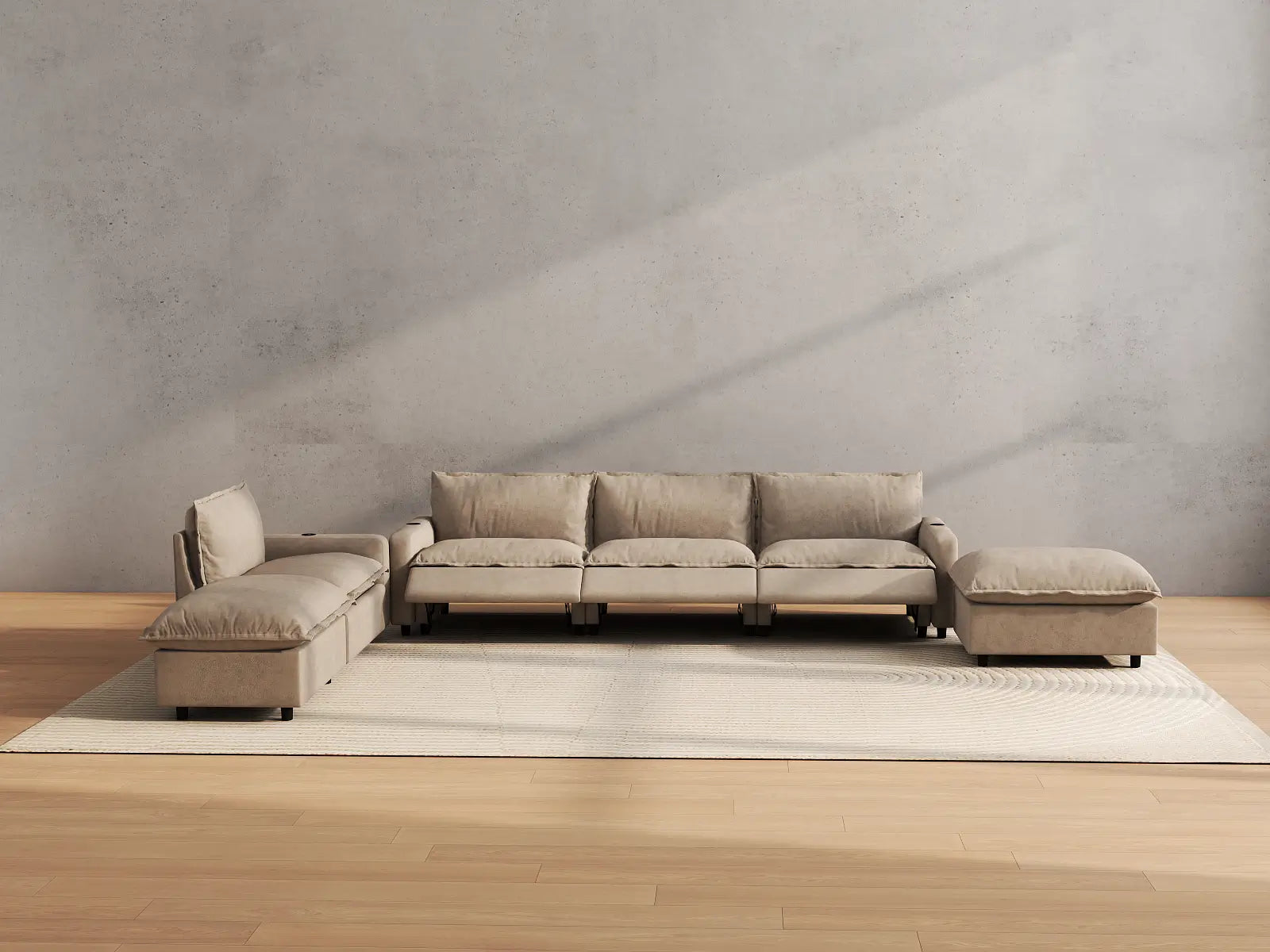 Modular Cero Sectional with Recliner and Chaise | 6-Piece Khaki Linen Home Living Corner Sectionals 4-Seater with 2-Ottomans